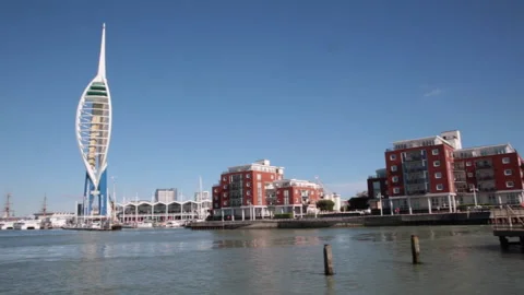 Pan on the Solent from ferry to the Spinneker tower in Portsmouth Stock Footage 142133641