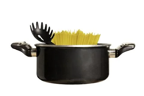 Pan of spaghetti, special spoon fork skimmer for spaghetti Foto stock