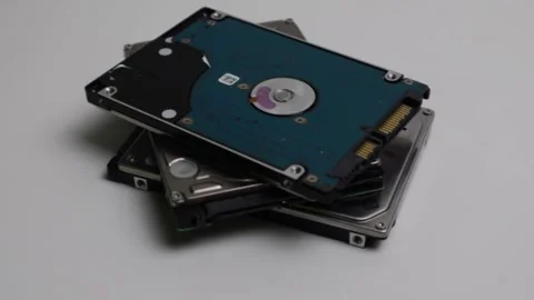Pan of a stack of hard drives Stock Footage 158187888