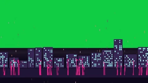 Pan starting skyline scrolling, magenta pillars shifting to reveal cyan-lit Stock-Footage 337887708