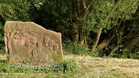 Pan: Stone relief, faces, heads, conversation, chat, meadow, tree, rural Germany Stock Footage 76804238