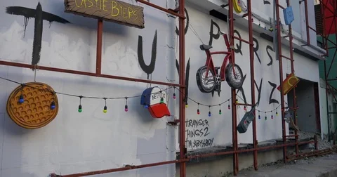 Pan of stranger things 2 street art in bangkok Stock Footage 82552470