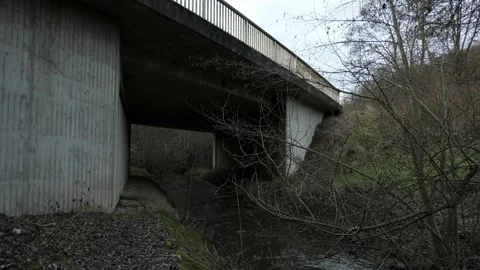 Pan: stream flowing under bridge near small hiking path, winter, rural Germany Stock Footage 262237069