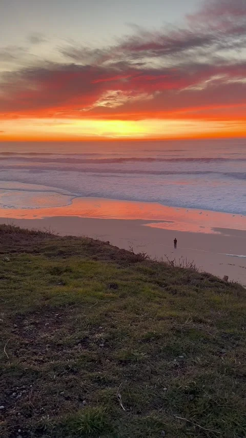 Pan of Sunset over beach in Blufftop Coastal Park, Halfway Bay Stock Footage 321613871