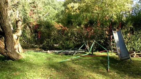 Pan: Swing destroyed and slide damaged by a falling tree, garden, autumn, damage Stock Footage 118270892