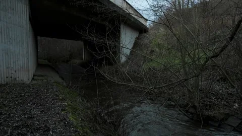 Pan, Tilt: small stream flowing under bridge near sunset, winter, rural Germany Stock Footage 262237728