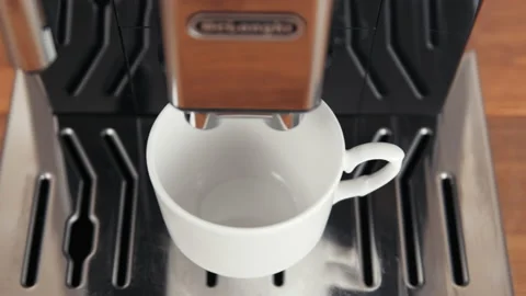 Pan top down shot of empty cup with coffee machine on bar table. Stock Footage 213014881