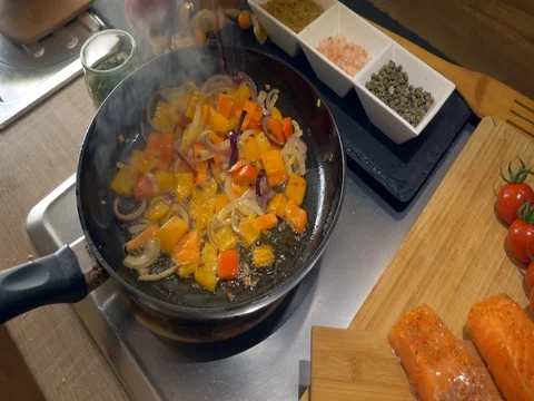 Pan, top view, kitchen, cookinga Stock Footage 74926111