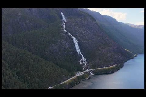 Pan towards Langfoss Waterfall Norway Stock Footage 331887465