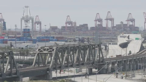 Pan of the Train Bridge with the LA port Stock Footage 291175884