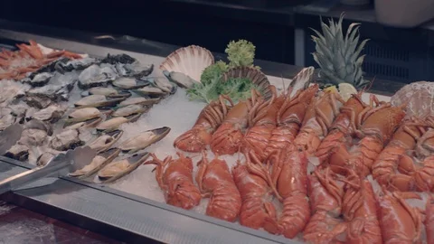 Pan Various Seafood Displayed Stock Footage 96289419