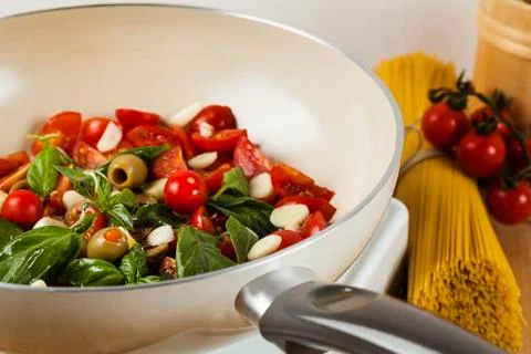 Pan with vegetables for spaghetti Stock Photos