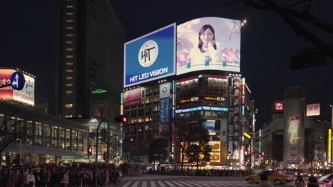 Pan video of crowd waiting and crossing at the Shibuya Intersection at night Video stock 127582659