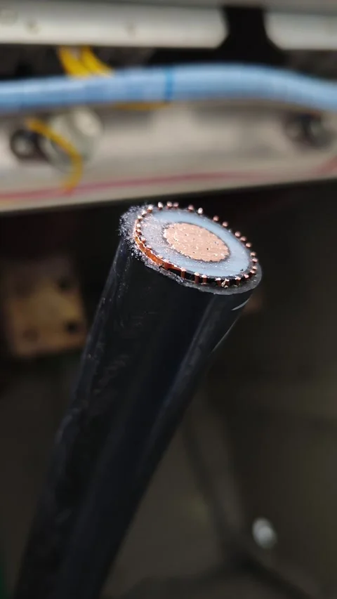 Pan up video of a freshly cut underground electrical power cable cross. Stock Footage 338355528