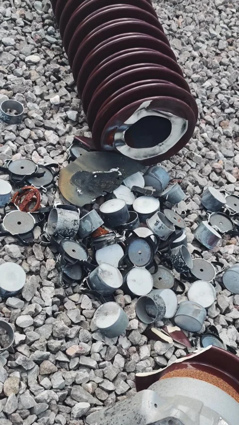 Pan up video of a severely damaged ceramic lightning showing. Stock Footage 338298423