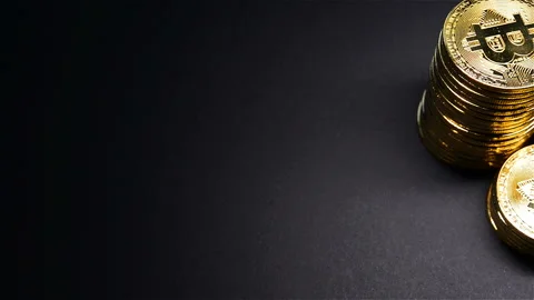 Pan view bitcoins on dark background Stock Footage 97206180