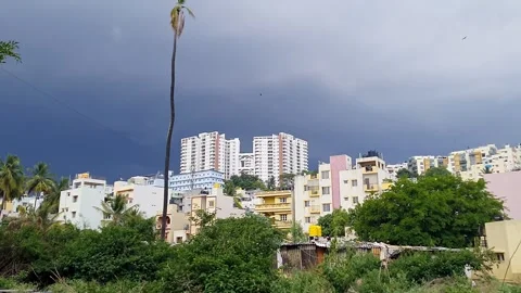 A pan view of buildings and long palm tree stand alone against the cloudy s.. Stock Footage 325648767