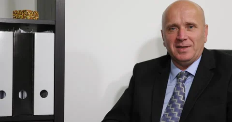 Pan View Camera Speech Smiling Businessman Portrait Pan Right Male Talking News Stock-Footage 50036212