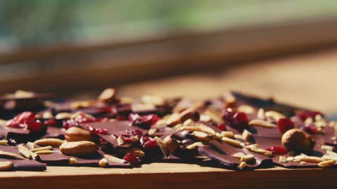 Pan view of chocolate nut and cranberry treat Stock Footage 274631513