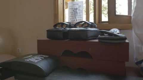 Pan view of different working materials in gym Video stock 109210804