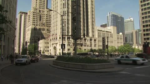 Pan Up View of Downtown Chicago High Rise Buildings, Clear Blue Sky In The 스톡 동영상 18948131