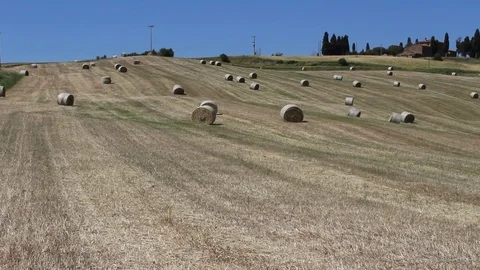Pan view of a field full of grain bales in the Tuscany countryside,Italy Stock Footage 76593090