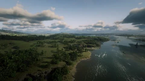 Pan view forest flowing river cloud boats Stock-Footage 267319684