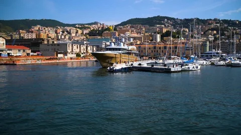 Pan view of Genoa landscape from the old port Stock Footage 114693159