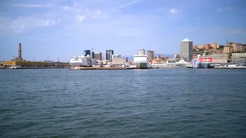 Pan view of Genoa landscape from the old port Stock Footage 114693516