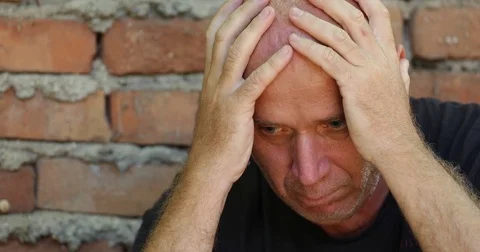 Pan View Human Desperate Concept Sad Man Disappointed Brick Wall Background 스톡 동영상 83665455