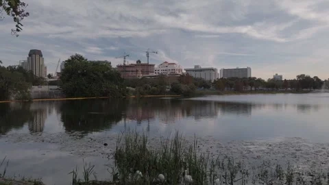 Pan View over Mirror Lake in St. Petersburg, Florida Birds foreground Stock Footage 260985764