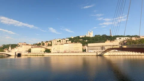 Pan view of Saone river, old Lyon district Video stock 242943125