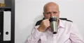Pan View Thoughtful Manager Drinking Coffee Thinking Serious Company Business 4k or 4k+ Resolution