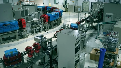 Pan view of the various devices, machine technology, synchrotron light Stock Footage 108059451