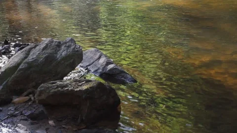 Pan to up water cascade flowing over rock in a river 動画素材 103423210