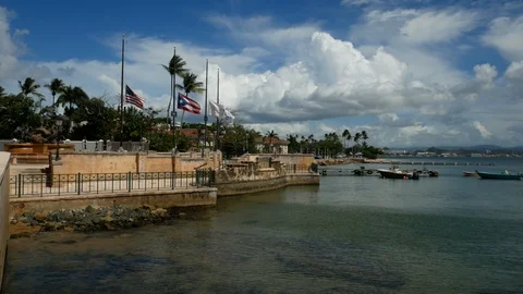 Pan - Waterfront of Paseo de la Princesa Fountain in Old San Juan, Puerto Rico. Stock Footage 109039896