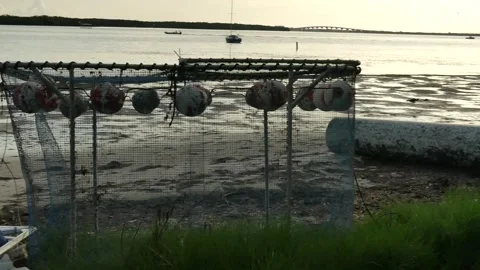 Pan Wide view out towards washed up on shore tall large blue and white Derelict Stock Footage 284732767