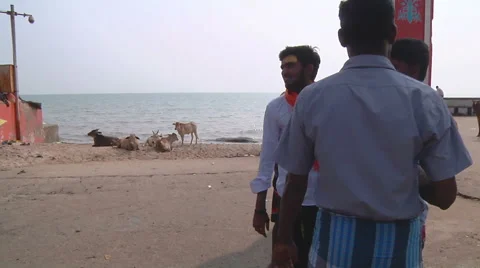 Pan WS of people on an embankment in Rameswaram, India Stock Footage 59090383