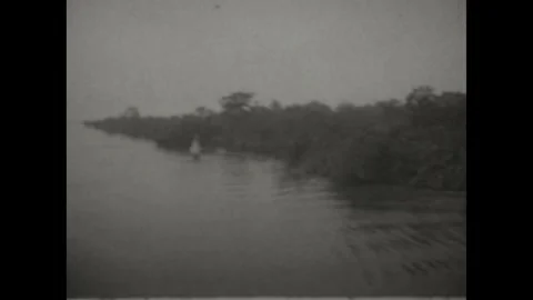 PANAMA 1920s: Greenery along the shore of a canal. Engine guides a ship into a Stock Footage 313670431