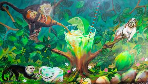 Panama Boquete town, mural depicting monkeys preparing a cocktail Stock Illustration