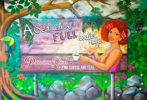 Panama Boquete town, mural representing an advertising billboard on coffee, i Stock Illustration