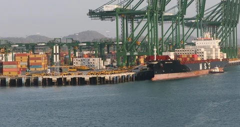 Panama Canal cargo container ship cranes 4K Stock Footage 106796673