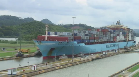 Panama Canal: Container ship entering Miraflores Locks Stock Footage 1048306