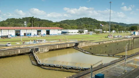 Panama Canal Double Set Locks with Different Water Levels Stock Footage 55211580