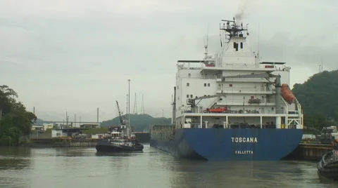 Panama Canal: Empty container ship enters locks Stock Footage 1039581
