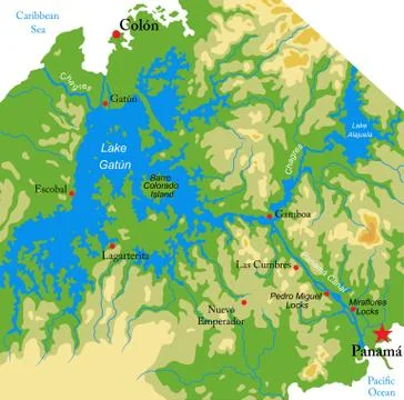 Panama Canal physical map Stock Illustration