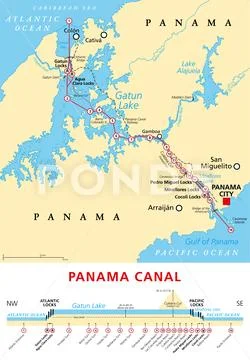 Panama Canal, political map and schematic diagram of locks and passages ...