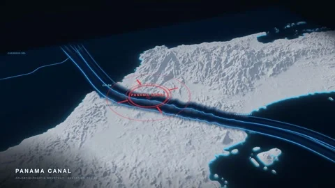 Panama Canal white 3D terrain relief map on a black sea with glowing cyan Stock Footage 344008768