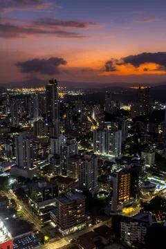 Panama City, its skyscraper buildings, the Cinta Costera at Sunset Stock Photos