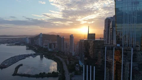 Panama City Waterfront Skyscraper at Sunset Drone Aerial Establishing Shot Видео 339911502